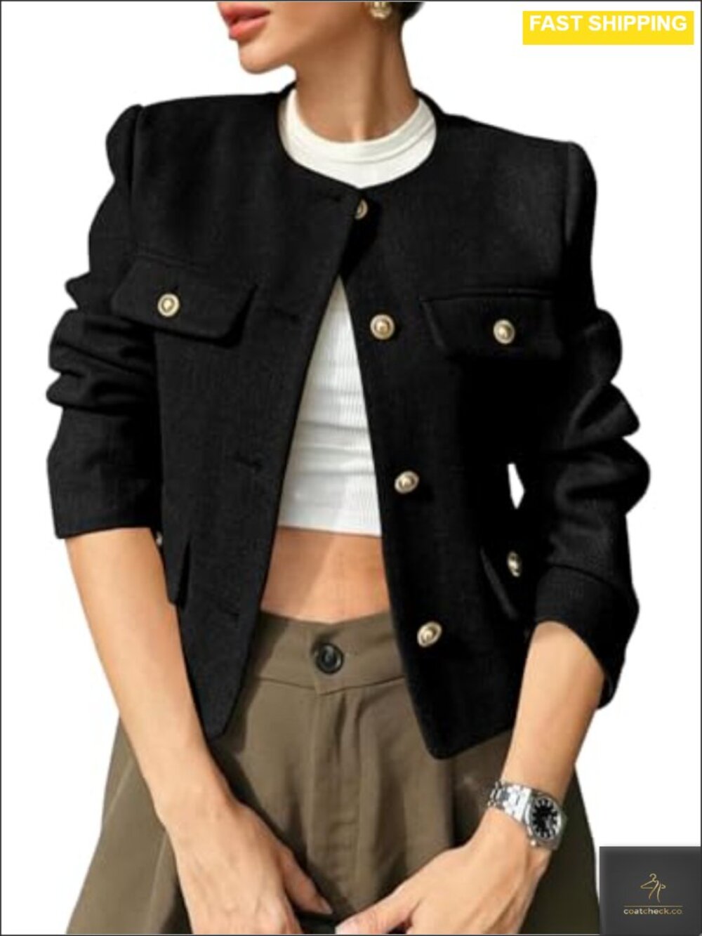 Cropped Tweed Blazer Jacket Collarless Button Down Long Sleeve Coat